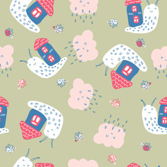 Retro summer seamless pattern with snails, butterflies and rainy clouds. Cute print for T-shirt, textile and fabric. Hand drawn vector illustration for decor and design.