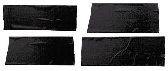 Torn horizontal and different size black glossy sticky tape, sticky pieces isolated on white...