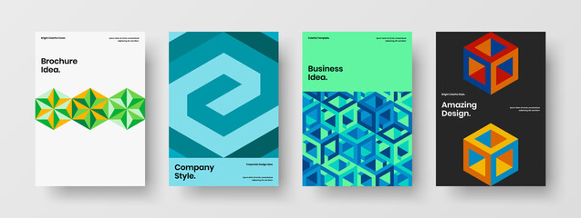 Bright pamphlet vector design layout set. Colorful geometric hexagons poster concept bundle.