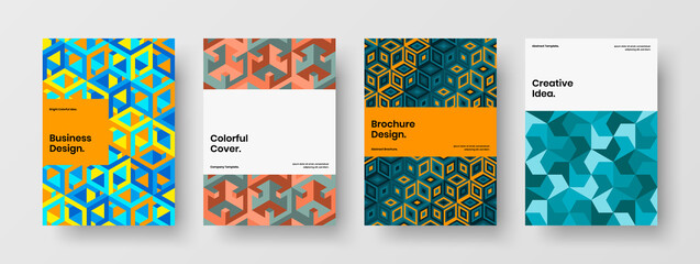 Modern corporate brochure A4 design vector template set. Creative geometric tiles catalog cover illustration bundle.
