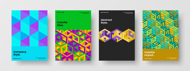 Clean company cover design vector layout composition. Colorful geometric hexagons annual report concept bundle.