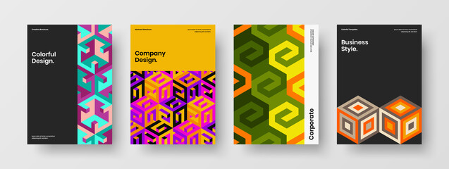 Minimalistic geometric shapes annual report layout set. Colorful presentation vector design template composition.