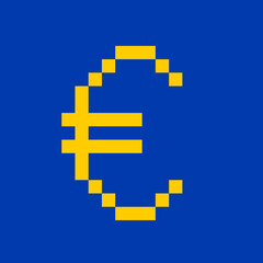 Digital euro - pixelated symbol as metaphor of fiat currency as virtual cryptocurrency and crypto. Vector illustration isolated on plain blue background.