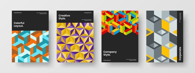 Colorful front page A4 design vector layout composition. Fresh mosaic hexagons magazine cover concept bundle.