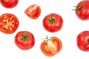 ripe tomatoes on a white background. the concept of cooking tomato sauce. red vegetables on a light texture. juicy pink tomatoes on the table