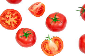 ripe tomatoes on a white background. the concept of cooking tomato sauce. red vegetables on a light texture. juicy pink tomatoes on the table