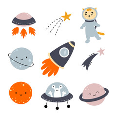 Set of children stickers on theme of space. Planet and spaceship. Vector doodle illustration.