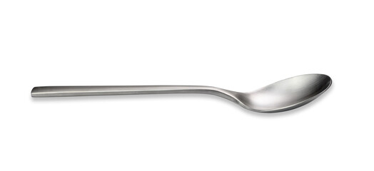 Empty metal spoon on a white isolated background. Brushed steel texture