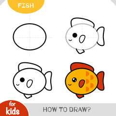 How to draw Fish for children. Step by step drawing tutorial - obrazy, fototapety, plakaty