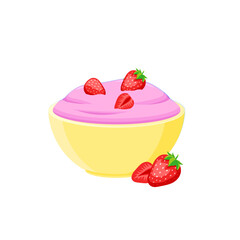 Strawberry Yogurt in a bow cartoon vector illustration. strawberry pink cream in a plate.