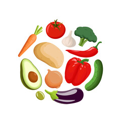 Set of different vegetables in circle in cartoon style. Collection of vegetables. 