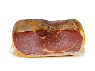 whole piece of serrano ham from Spain vacuum packed in plastic isolated on white background