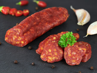 Spanish traditional chorizo sausage with fresh herbs, garlic, pepper and chili peppers served on black slate board, close up