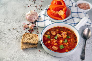 Hungarian goulash soup with paprika, spices and herbs. Traditional cuisine, national dish.