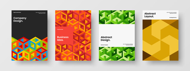 Simple pamphlet A4 design vector illustration composition. Bright geometric hexagons poster concept set.