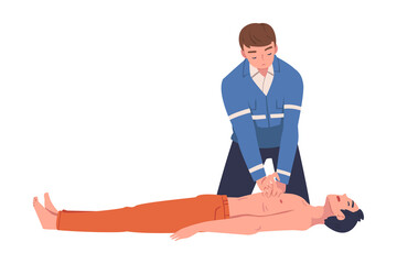Man Doctor Making External Cardiac Massage to Lying Victim as Rescue and Life Saving Emergency Operation Vector Illustration