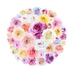 Colorful circle figure made of white, pink, red, lilac and purple roses, isolated on white background. Hand drawn watercolor.