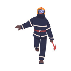 Firefighter Character in Fireproof Uniform and Helmet Walking with Axe Vector Illustration