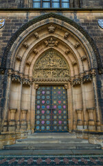 Doors in church in Prague with sunrise time and colors