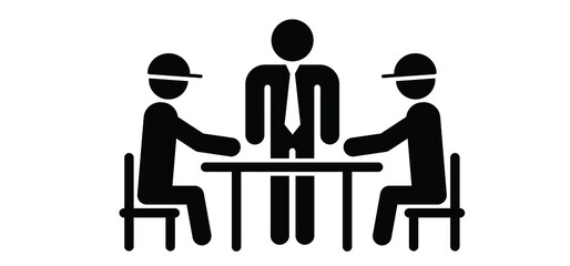 Cartoon stickman, stick figure. the people are talking at the table, or to work in concert. School or kitchen table. Workman talk to boss. Business lunch, meeting, communication negotiating.