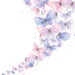 Fototapeta na wymiar Fluttering butterflies in a whirlwind. Delicate pink and purple butterflies with splashes of paint. Watercolor illustration. Composition for the design and decoration of postcards, posters invitations