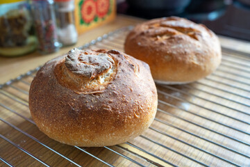 Freshly baked homemade artisan sourdough bread. Close up.