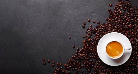 Horizontal banner with cup of coffee and coffee beans on dark stone background. Top view. Copy space.