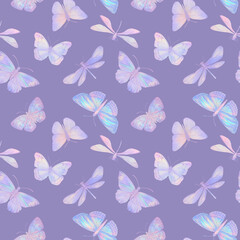 Fototapeta premium Digitally processed seamless botanical pattern. Raster texture of animalistic design. Delicate watercolor butterflies collected in a seamless pattern for design.