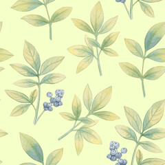 Fototapeta premium Seamless botanical watercolor pattern. Leaves on an abstract background. Watercolor illustration in digital processing.