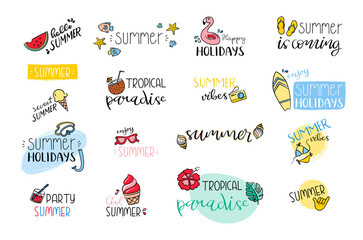 Summer holidays labels. Doodles colorful elements.