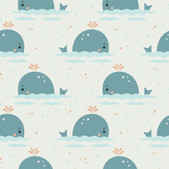 Seamless pattern with cute little whale. Vector 