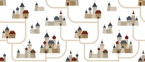 Seamless pattern of medieval towers, houses, castles and paths. Drawn in vector. Can be used to decorate board games, packaging, bags, interior, bedding, curtains, wallpapers, children's clothing.