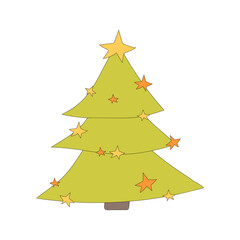 Christmas tree illustration. New Year decorative vector element, colorful holiday tree icon isolated on white background. New Year holidays, Christmas Eve - celebration and decoration, cute element.