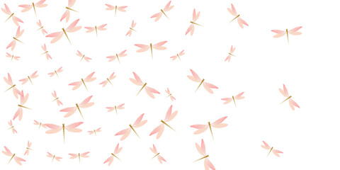 Fototapeta na wymiar Fairy rosy pink dragonfly flat vector wallpaper. Summer little insects. Simple dragonfly flat dreamy illustration. Sensitive wings damselflies patten. Garden creatures