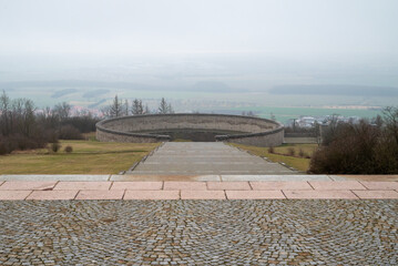 Old stage in foggy day