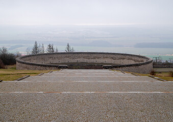 Old stage in foggy day