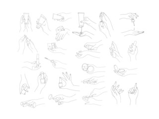 Fototapeta na wymiar big set of contour female hands with various cosmetics, gentle hands line art isolated on white background, set for creating beauty advertising and print