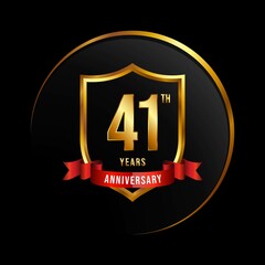 41 years anniversary logo with golden shield and ribbon for booklet, leaflet, magazine, brochure poster, banner, web, invitation or greeting card. Vector illustrations.