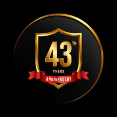 43 years anniversary logo with golden shield and ribbon for booklet, leaflet, magazine, brochure poster, banner, web, invitation or greeting card. Vector illustrations.