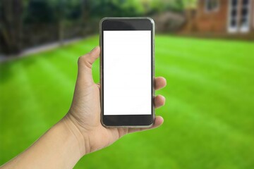 Woman with red nails hold a blank screen smartphone on an empty street