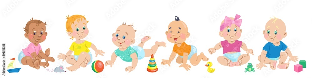 Poster Six cute babies with their favorite toys. Happy children of different skin colors in different poses. Banner in cartoon style. Isolated on white background. Vector illustration