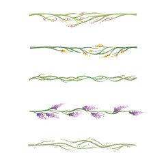 Collection of hand-drawn text dividers.  Plants raster lines, vintage borders and wedding laurels. Raster isolated flourish watercolor elements.