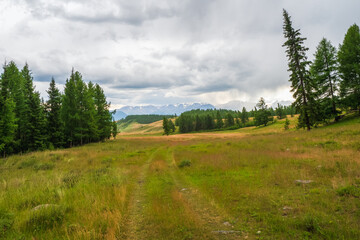 Off road through the rainy summer mountain plateau. Terrible thunderclouds have hung over the autumn valley. The sky before a thunderstorm with thunderclouds.