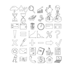 Set of finance icons (black and white) included schedules, marks, currency, finance stuff, and tablets.