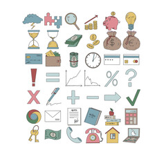 Set of finance icons (color) included schedules, marks, currency, finance stuff, and tablets.