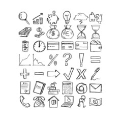 Set of hand-drawn finance icons (black and white) included schedules, marks, currency, finance stuff, and tablets.