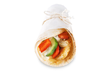 Pita bread with roasted chicken, red bell pepper and cucumber on a white isolated background