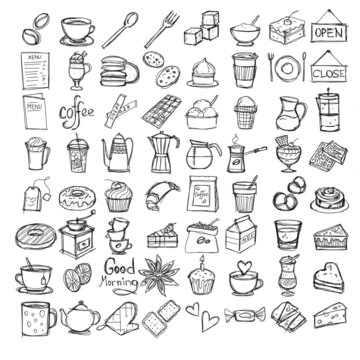 Set of hand-drawn cafe icons (black and white) included food, drinks, different cafe stuff, and tablets.