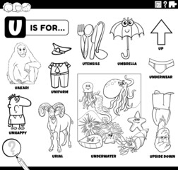 Obraz premium letter u words educational set coloring book page