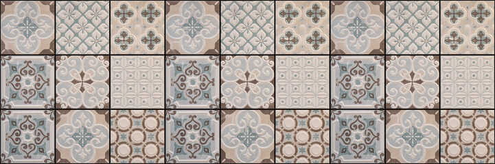 Seamless blue beige vintage retro geometric square mosaic flower leaf ornate motif cement tiles wall texture background banner panorama